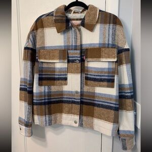 Levi's White, Brown, and Blue Plaid Wool Jacket - L